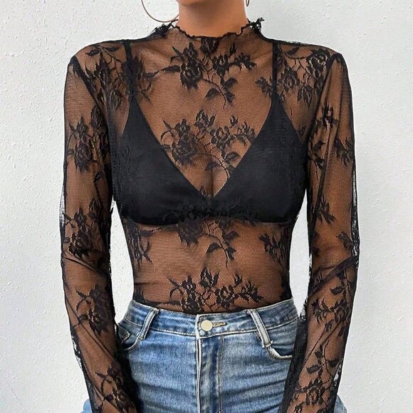 Black Sexy Women's Floral Lace Collar Long Sleeve Sheer Blouse - Picture 3 of 6